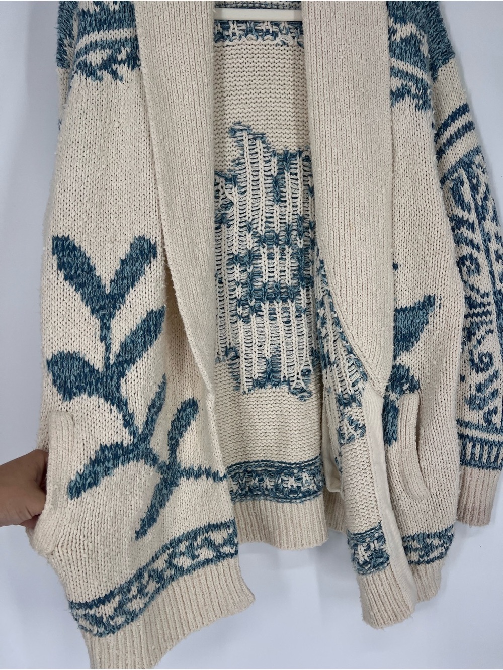 Pilcro Cream Blue Floral Instarsia Knit Shawl-Collar Open Bohemian Cardigan L/XL - Picture 4 of 9